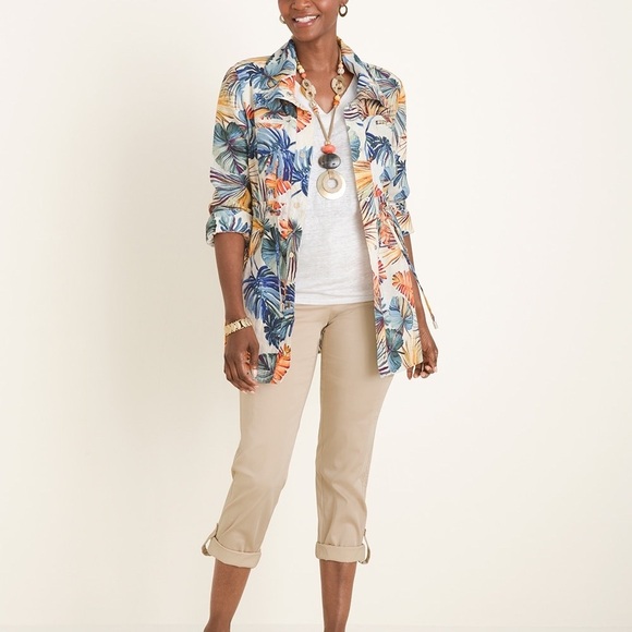 6. Chico's Palm-Print Linen Utility Jacket Sz 3P US 16/18 Multicolor Pockets - Picture 1 of 11